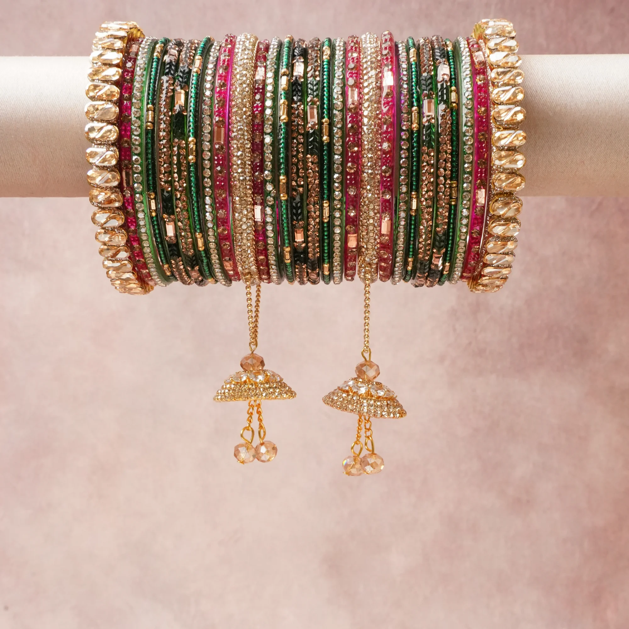 A commanding Forest Green anchors this beautiful set, enriched with accents of Clear Brilliant-Cut Crystal, Champagne Polki-Style Crystal, Warm Gold Shimmer that add depth and dimension.

Featuring a striking composition of Glass, Gold-toned Metal Alloy, Rhinestone/Crystal, Kundan, Faceted Crystal Beads, this set carries intricate craftsmanship and strong presence. Grand in form, it is created for moments that deserve to be marked.